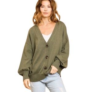 💕 Olive Green Puff Sleeve Cardigan Sweater